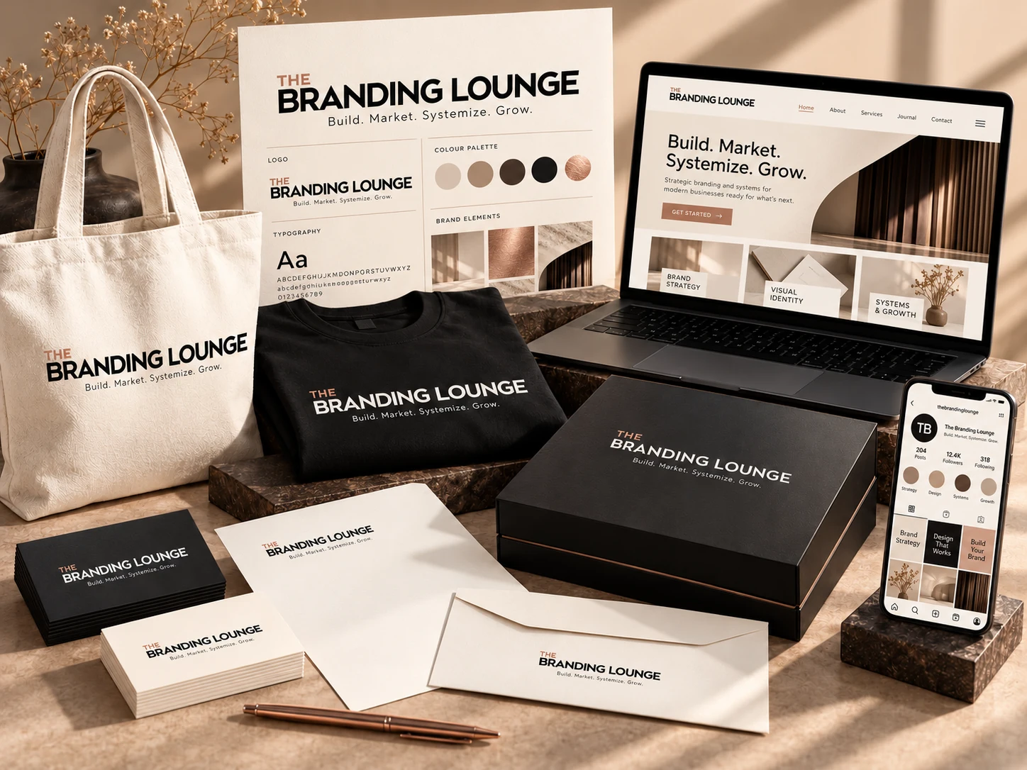 Coordinated brand concept: laptop website, brand identity board, phone with social media posts, business cards, branded merchandise, packaging, and stationery.