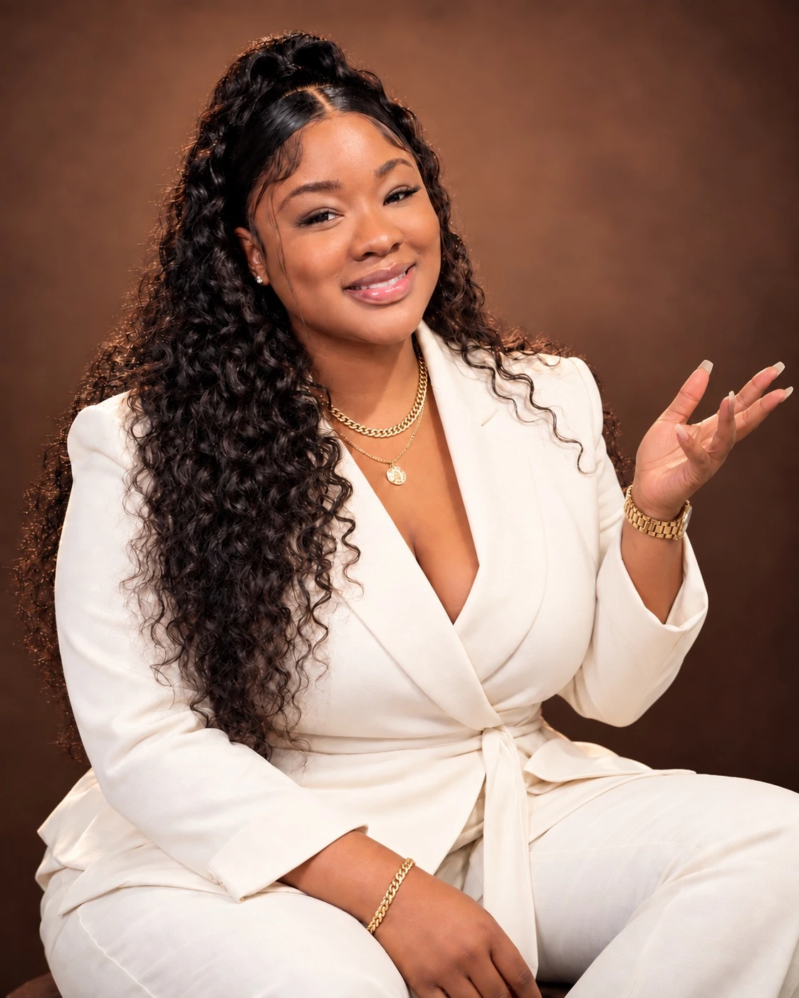 Nichellee Marsh in a white suit, smiling and gesturing in conversation