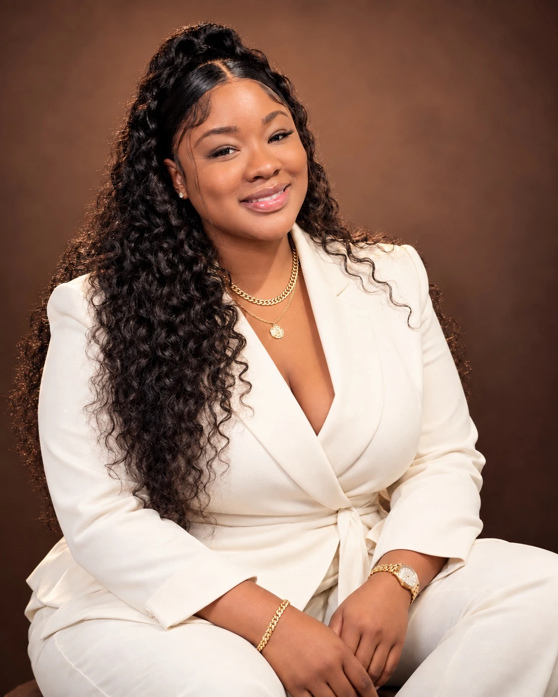 Nichellee Marsh seated in her white suit