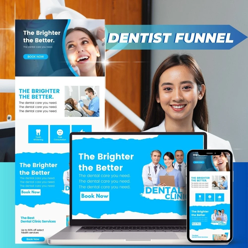 Dental funnel mockup showing website layouts across desktop and mobile