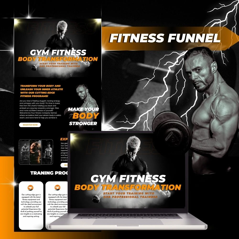 Fitness funnel mockup showing website layouts across desktop and mobile