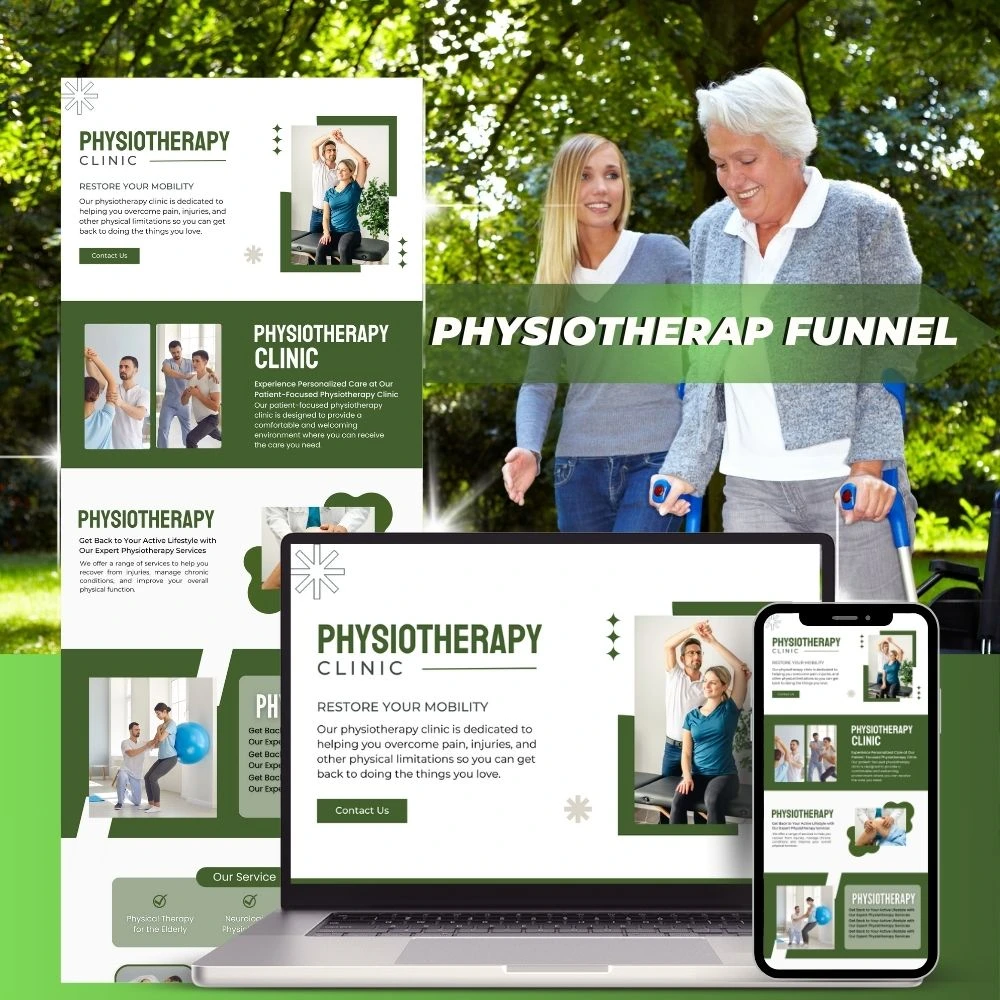 Physiotherapy funnel mockup showing website layouts across desktop and mobile