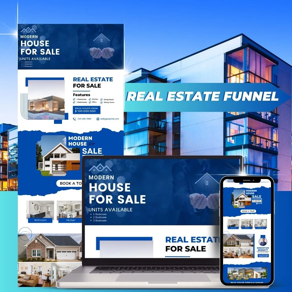 Real estate funnel mockup showing website layouts across desktop and mobile