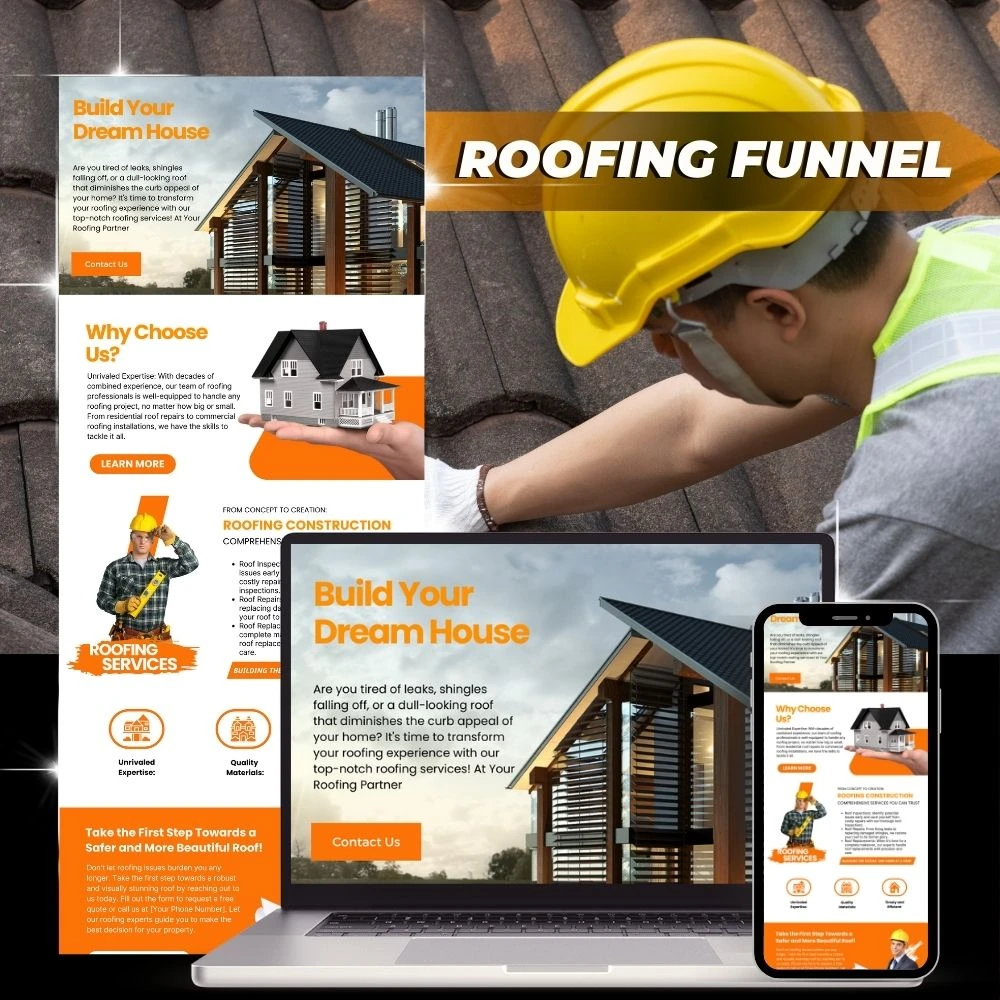 Roofing funnel mockup showing website layouts across desktop and mobile