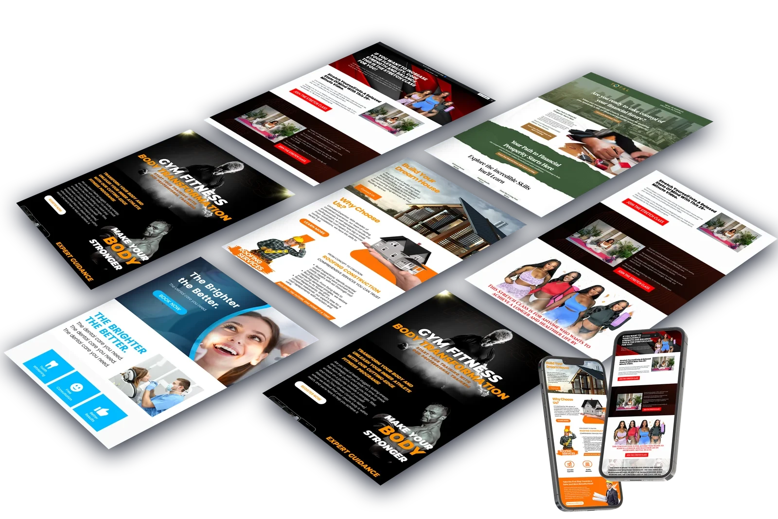 Examples of website and funnel layouts displayed across desktop and mobile screens