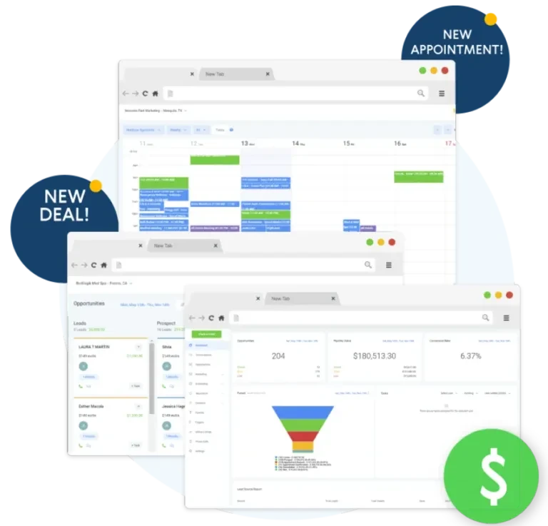 Illustrative platform screens showing an appointment calendar, sales pipeline and reporting dashboard