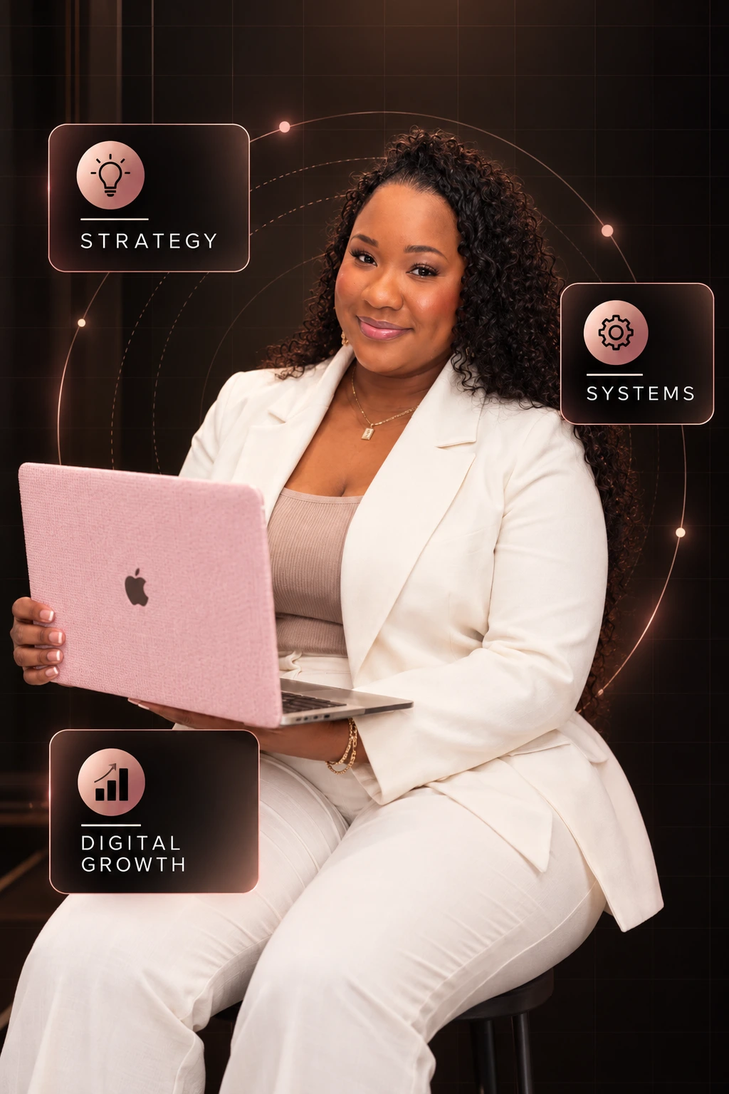 Nichellee Marsh in a white suit with her laptop, surrounded by Strategy, Systems and Digital Growth